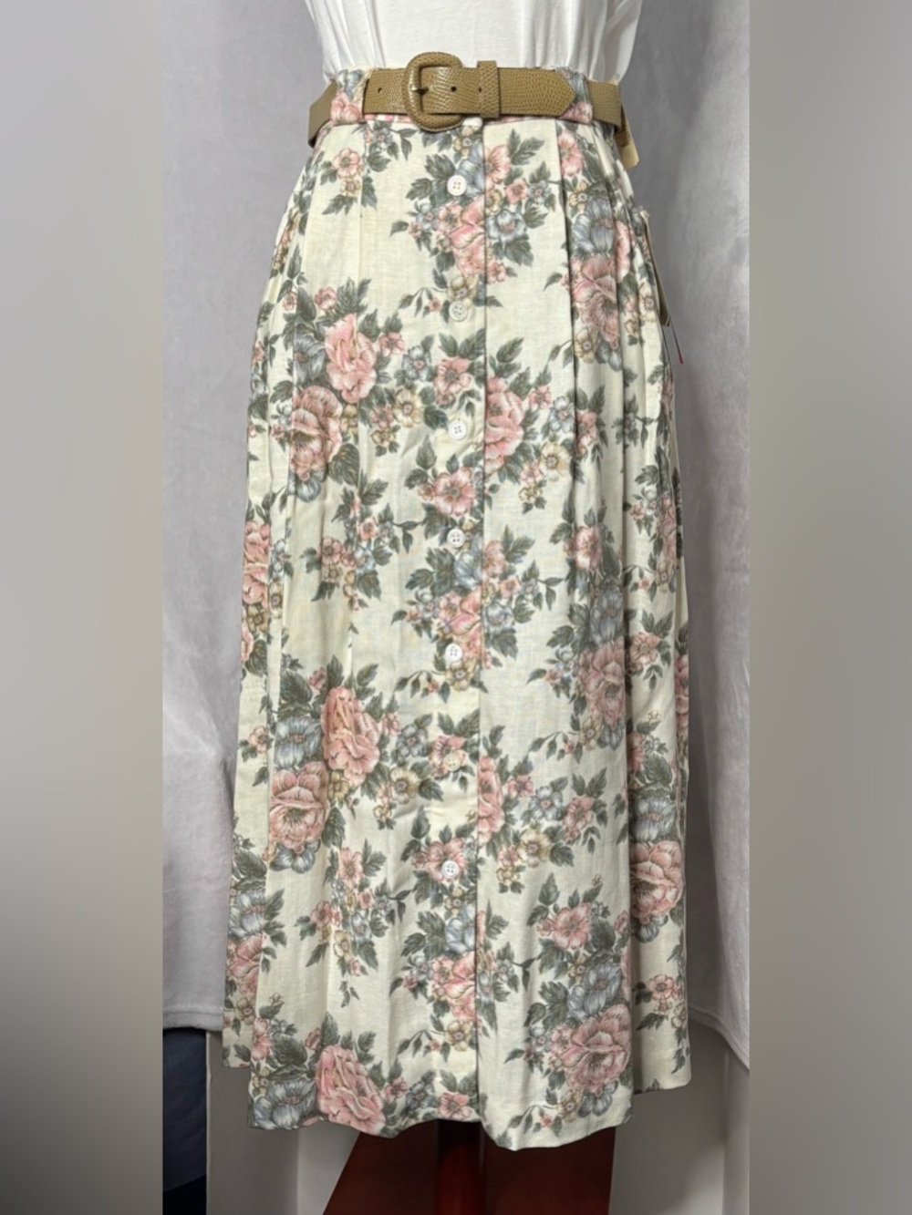 Vintage JH Collectibles Floral Midi Skirt with Belt Pink Rose 10 NWT